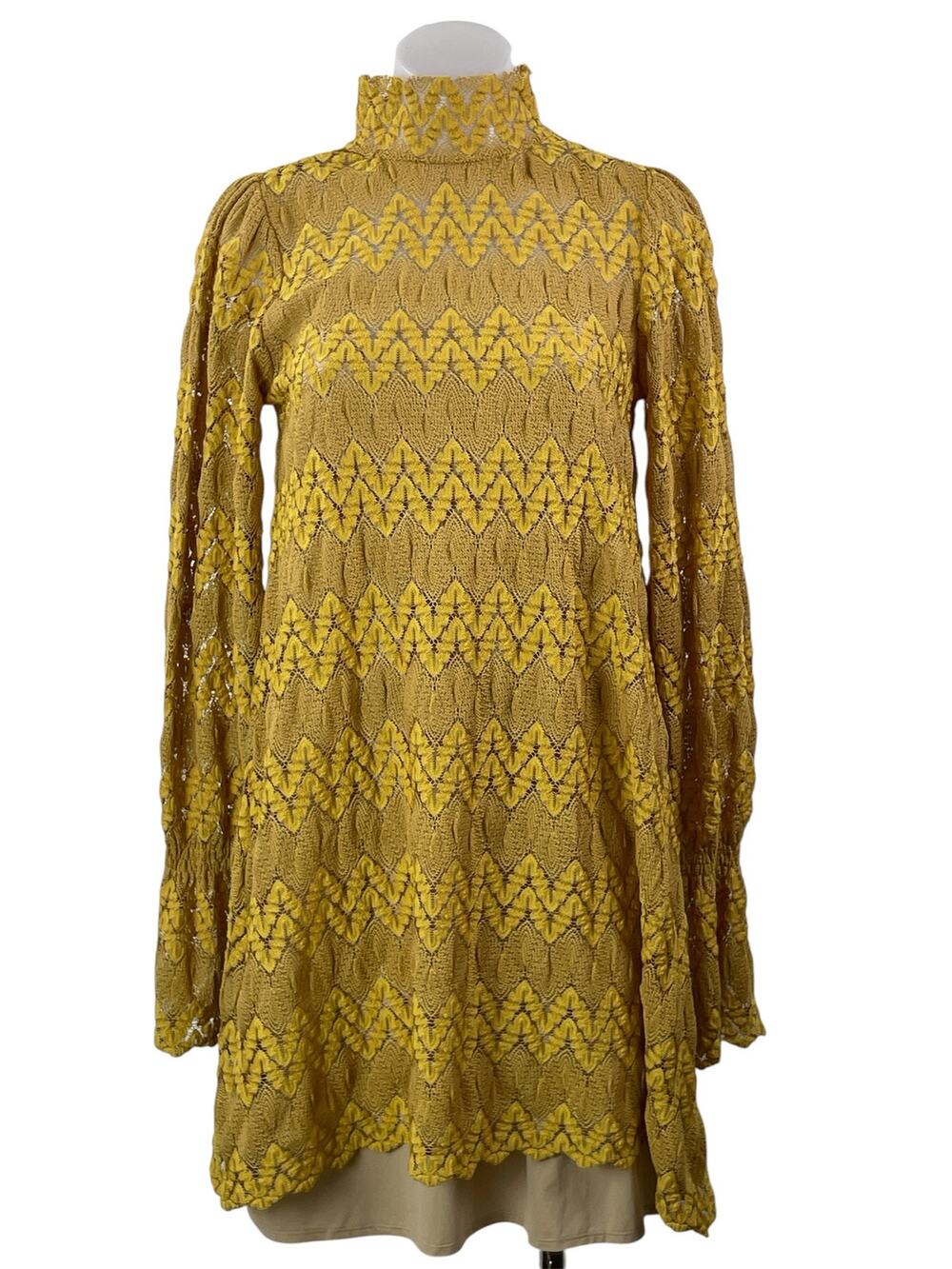 Jockey Mustard Yellow Long Sleeves Crochet Lace Mock Neck Mini Sweater Dress XS